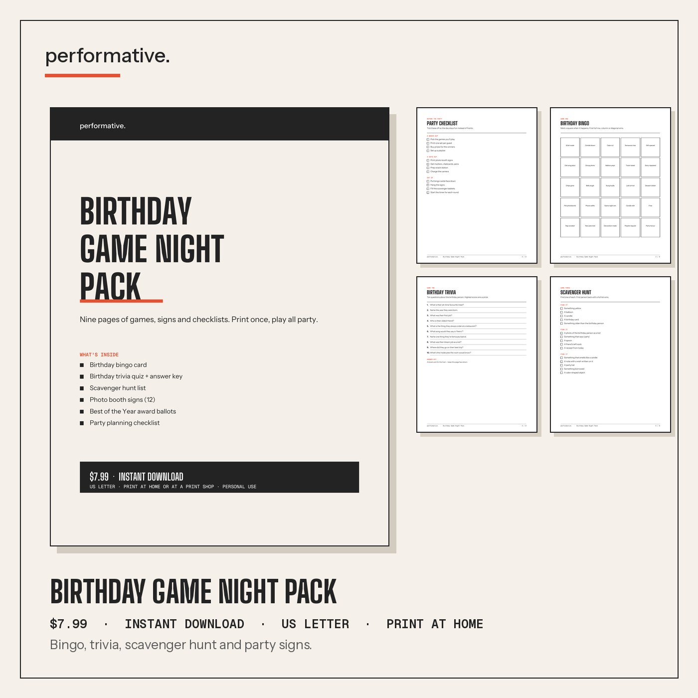 Birthday Game Night Pack printable pack preview